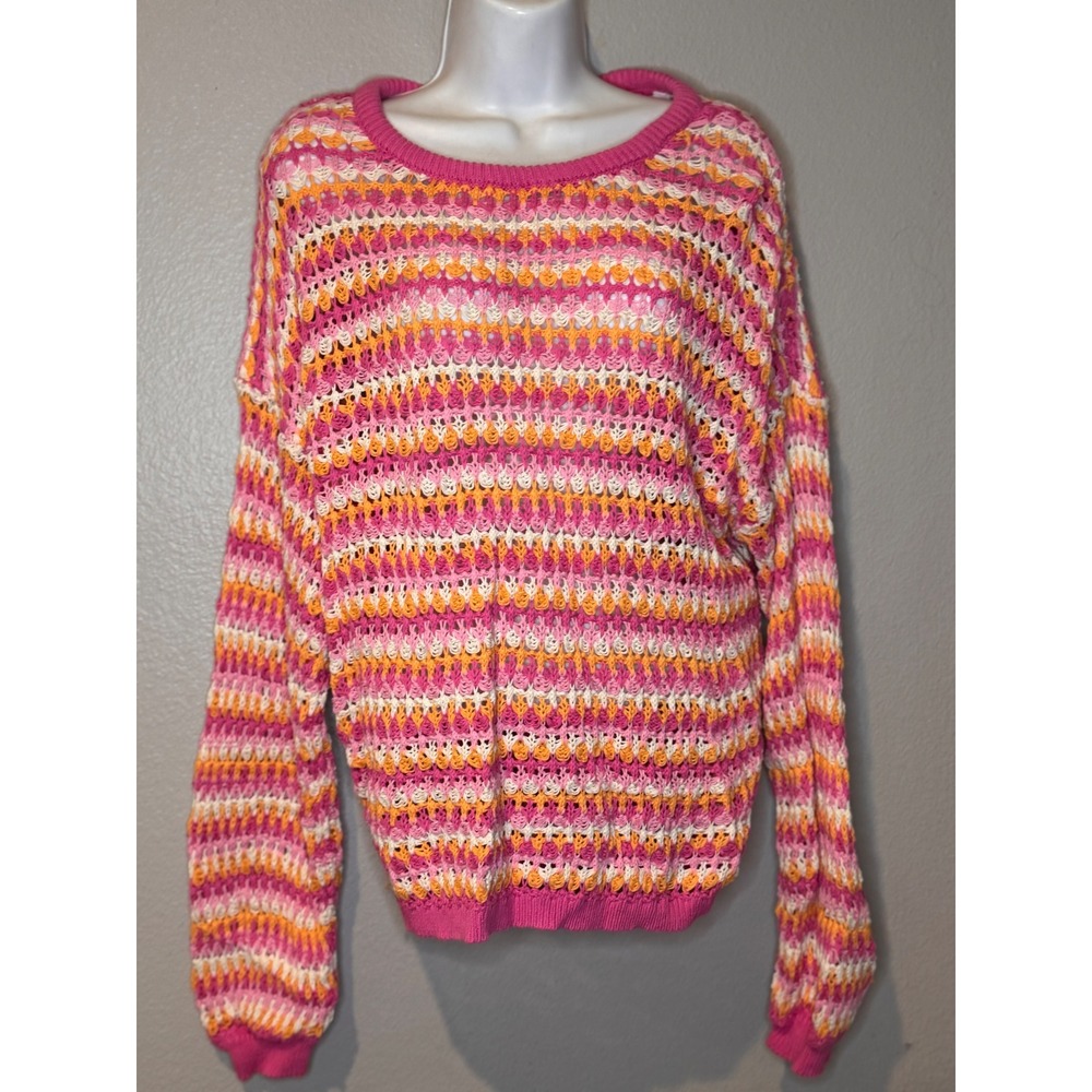 Blu Pepper Chunky Open Knit Sweater Pink Stripe Tie Back Boho Festival Large